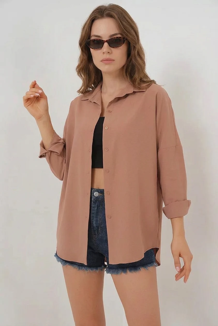  Kadın Oversize Kesim Basic Pamuklu Camel Gömlek 