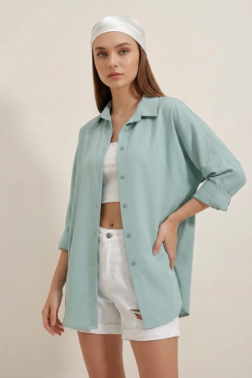  Kadın Oversize Basic Pamuklu Su Yeşili Gömlek 
