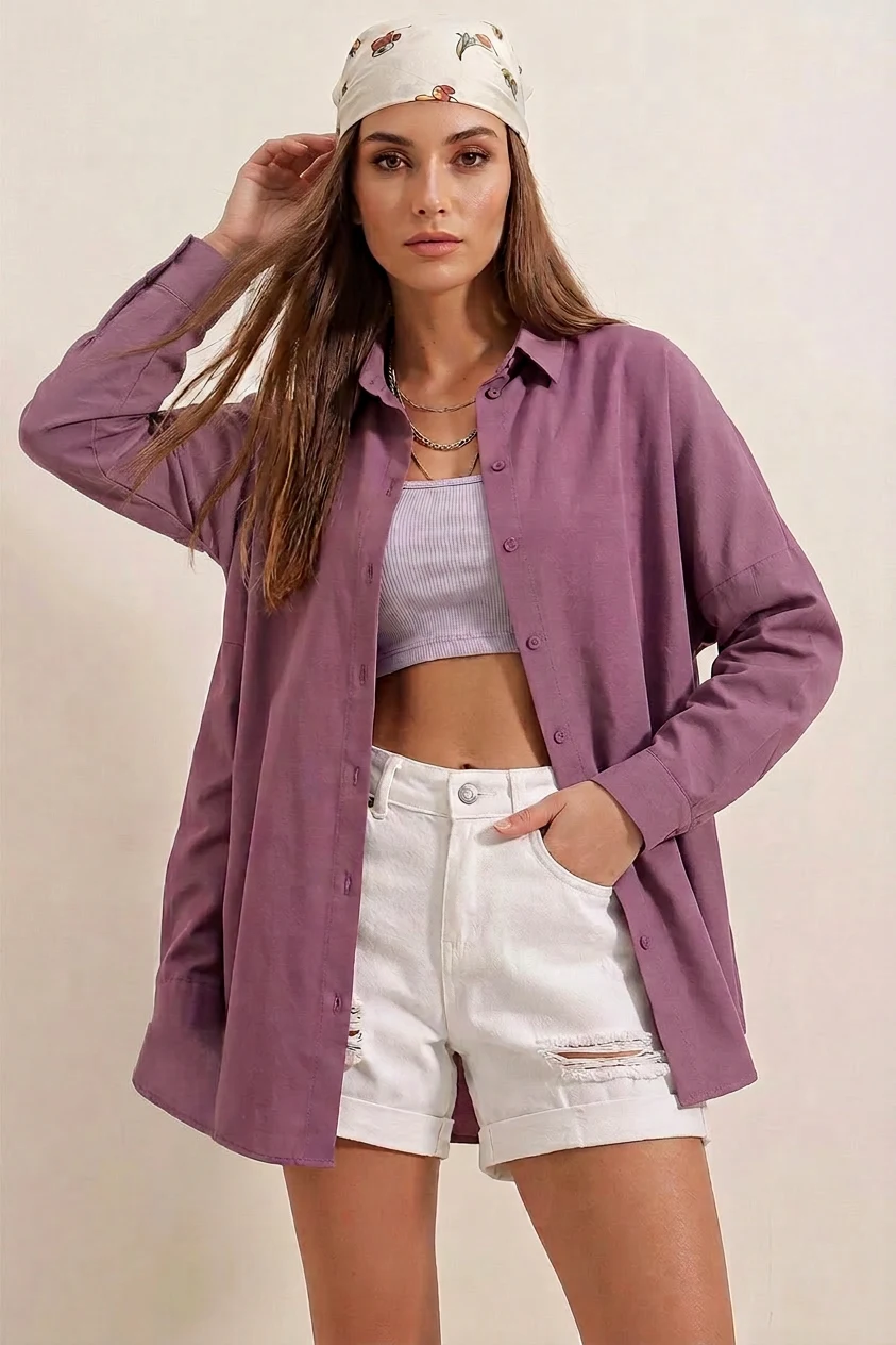  Kadın Oversize Basic Pamuklu Koyu Lila Gömlek 