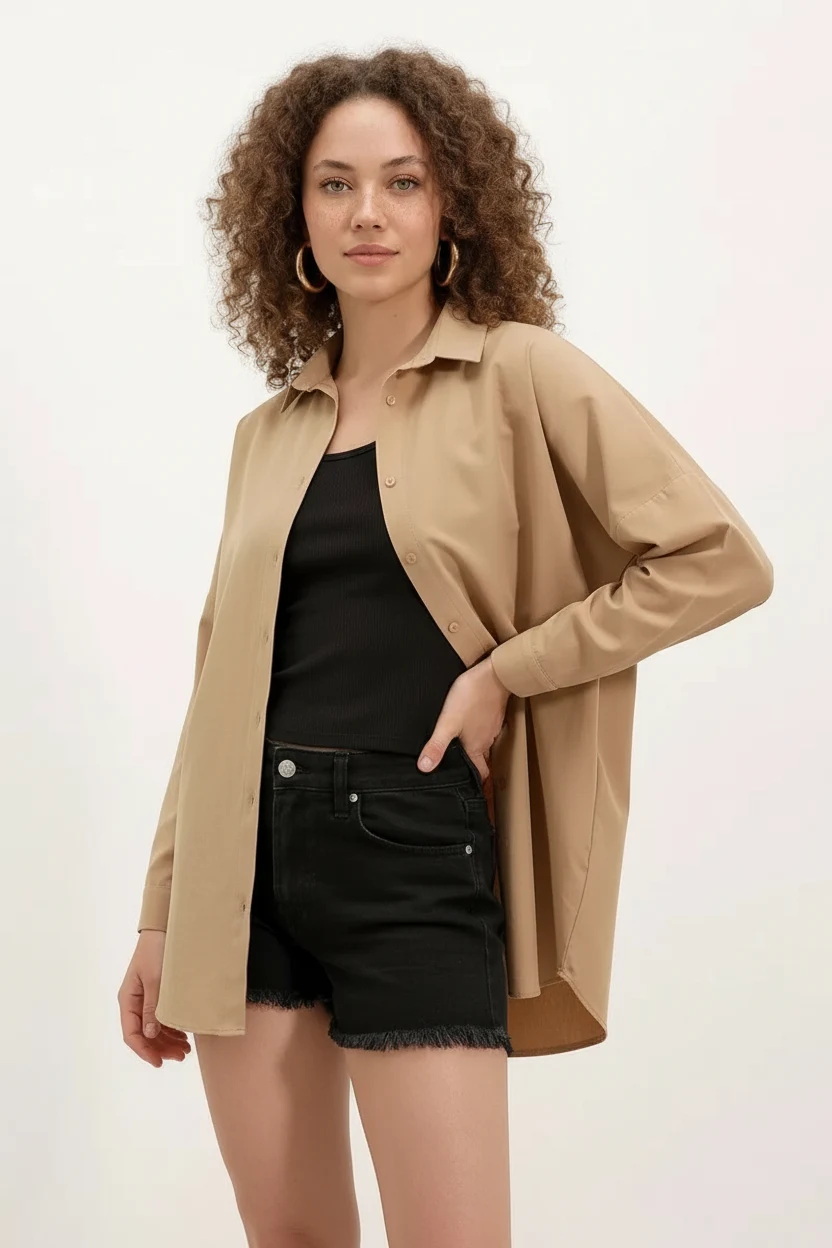  Kadın Basic Oversize Pamuklu Bisküvi Gömlek 