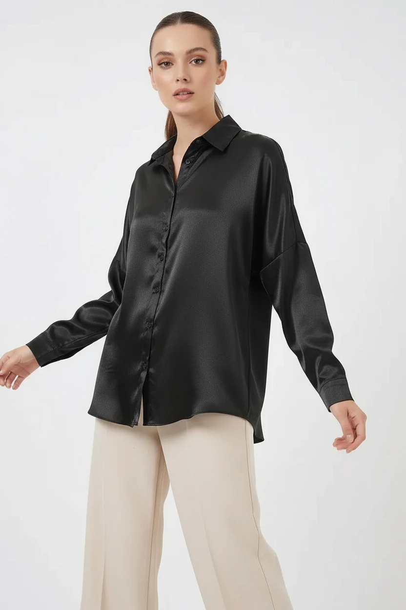  Kadın Oversize Saten Siyah Gömlek 