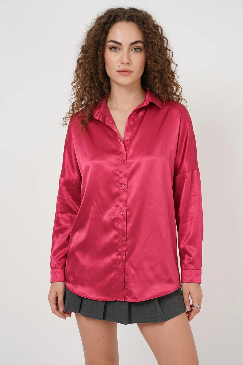  Kadın Oversize Saten Bordo Gömlek 