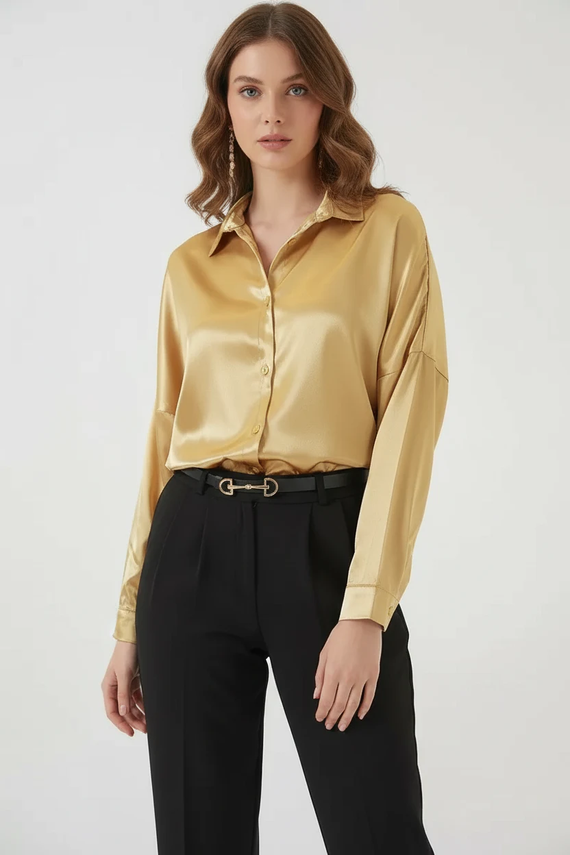 Kadın Oversize Saten Altın Sarısı Gömlek 