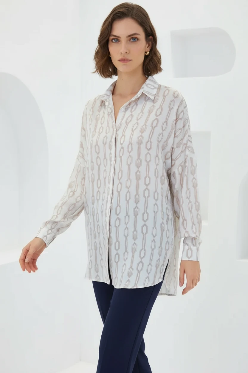  Kadın Oversize Desenli Saten Bej Beyaz Gömlek 