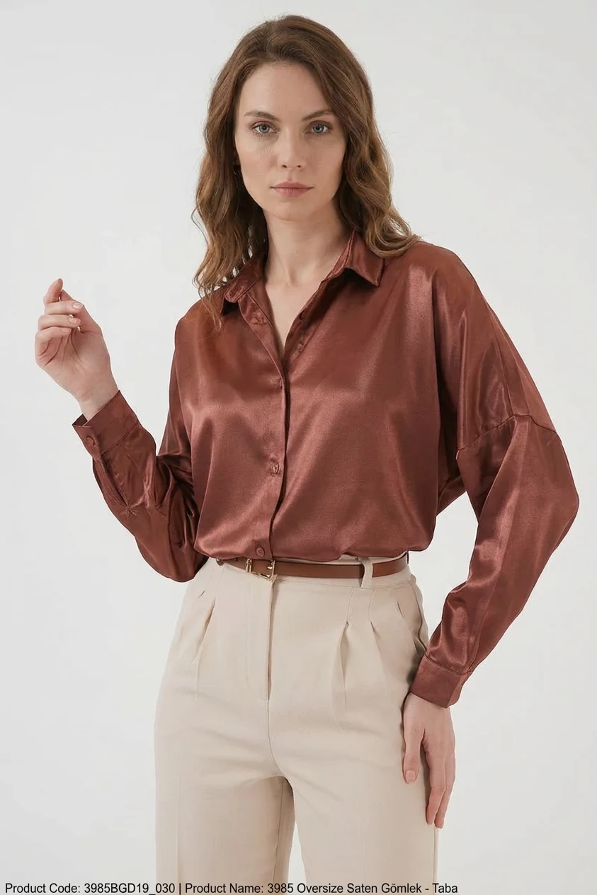  Kadın Oversize Saten Taba Gömlek 