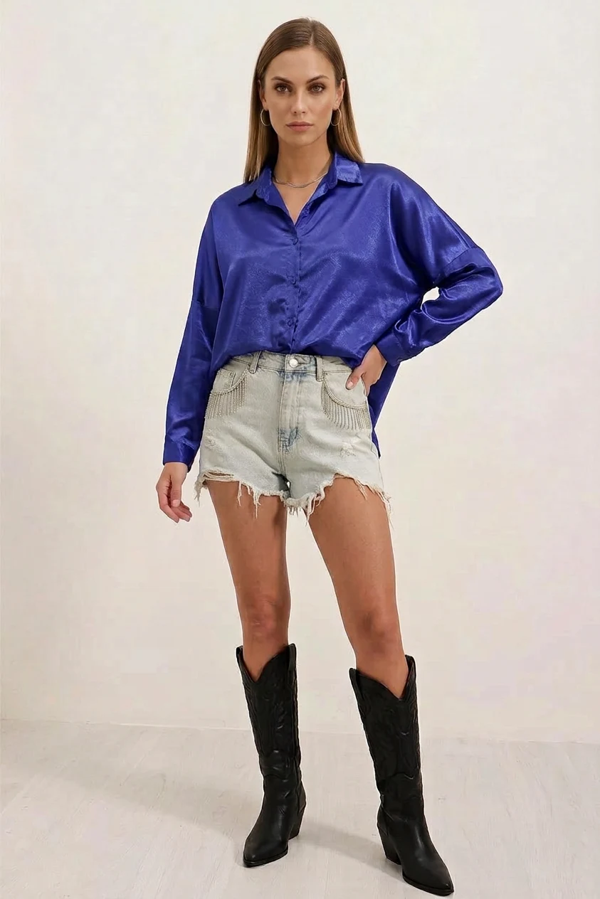  Kadın Oversize Saten Saks Gömlek 