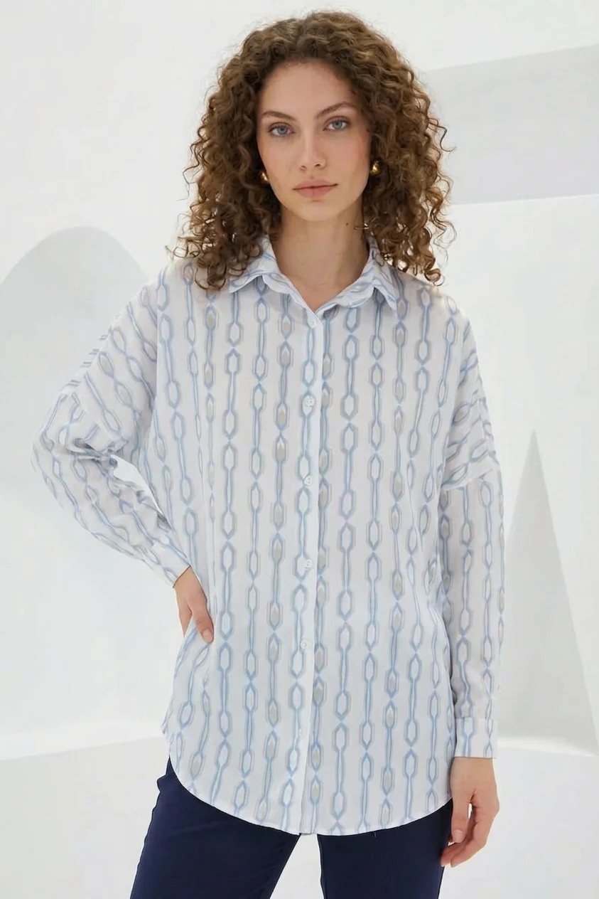  Kadın Oversize Desenli Saten Turkuaz Gömlek 