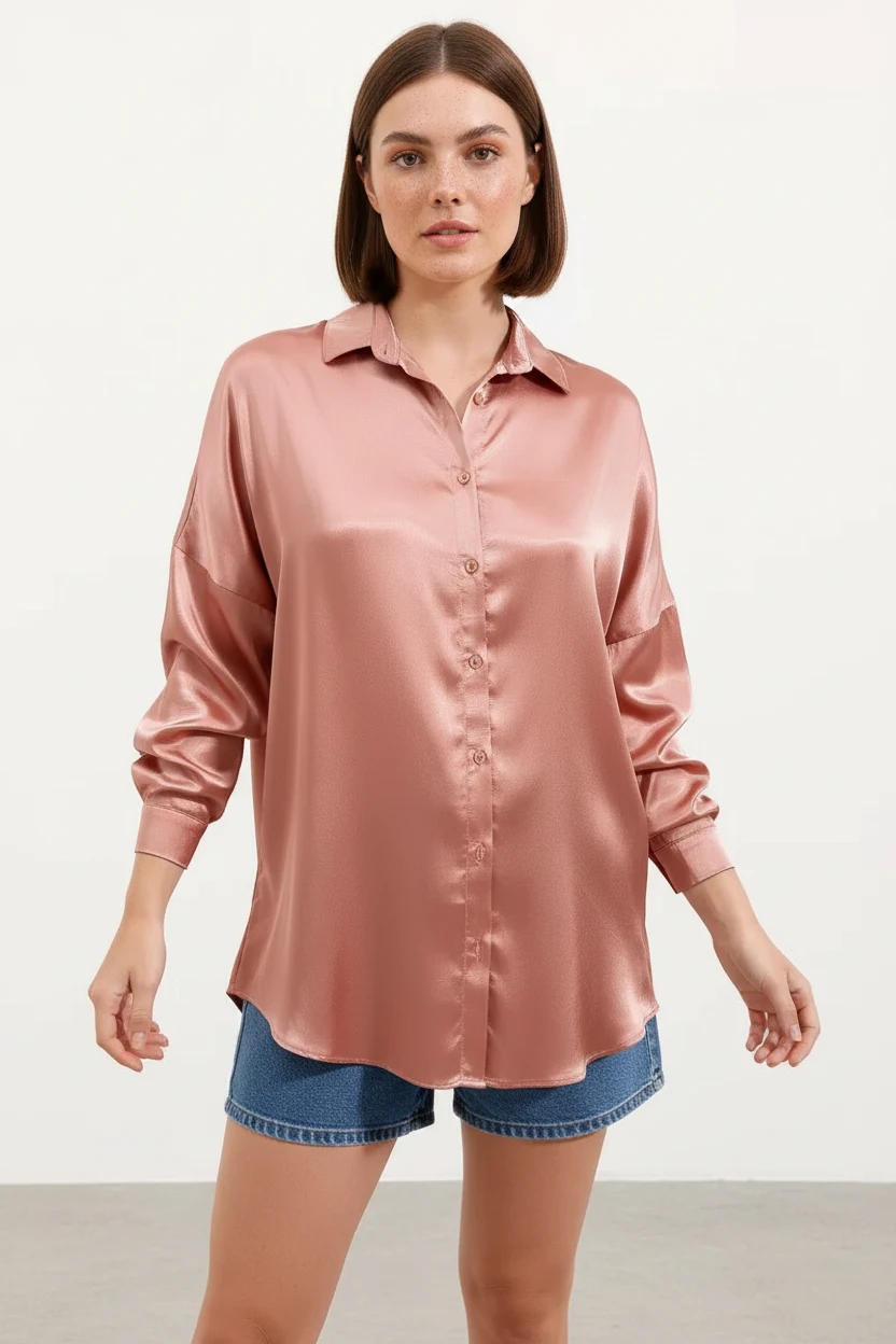  Kadın Oversize Kesim Saten Camel Gömlek 