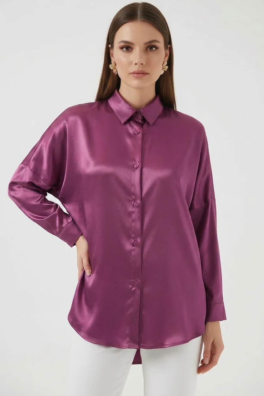  Kadın Oversize Kesim Saten Koyu Lila Gömlek 