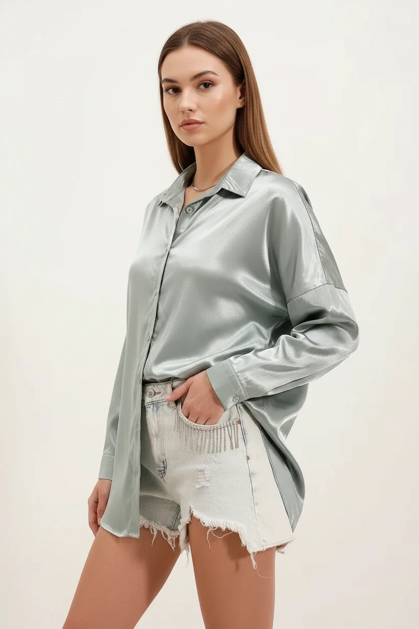  Kadın Oversize Kesim Saten Çağla Yeşili Gömlek 