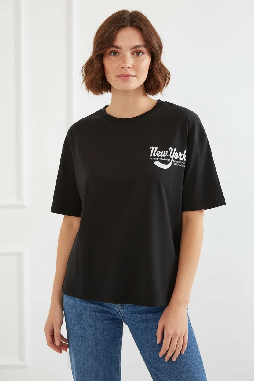  Kadın Basic Baskılı Siyah Tişört 