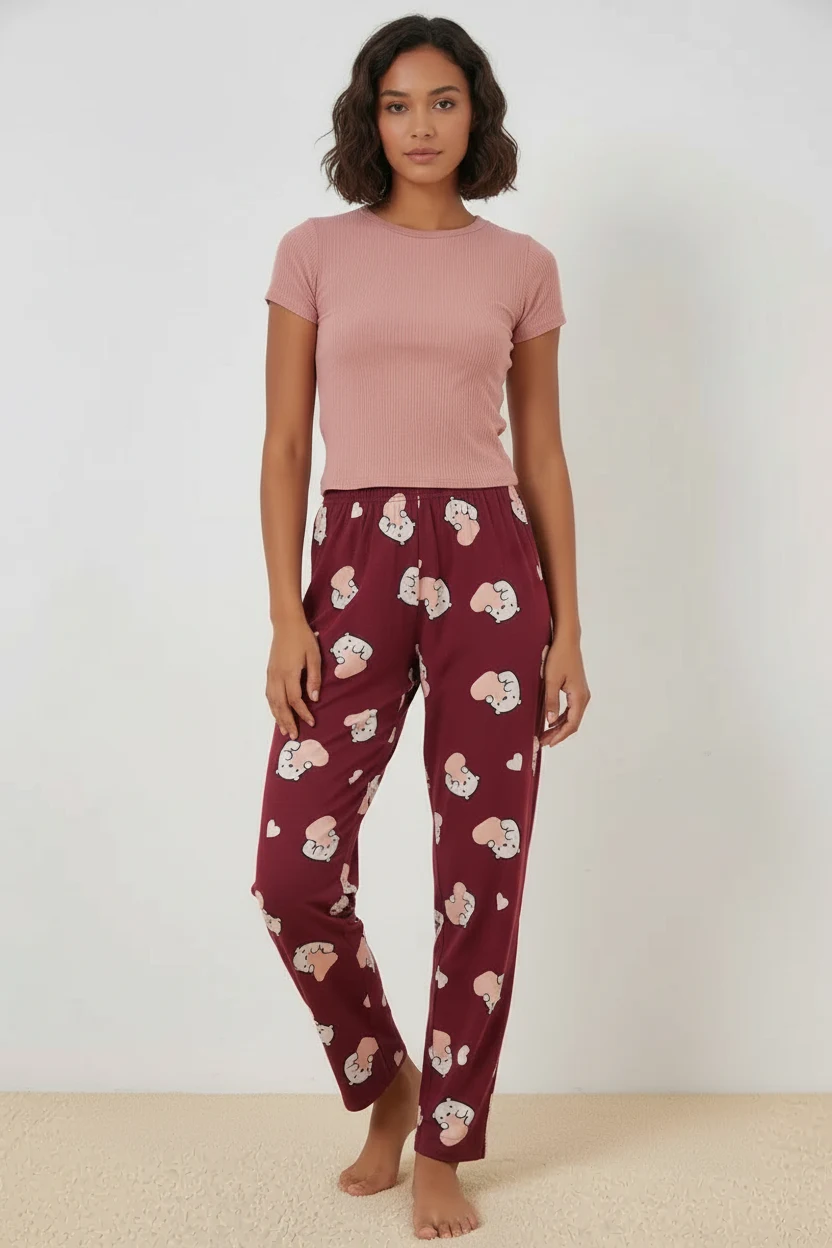 Kadın Desenli Bordo Pijama Altı
