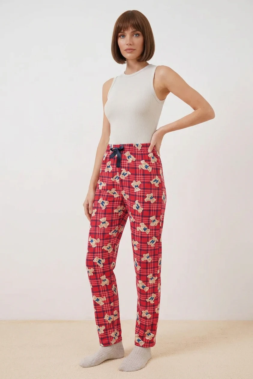 Kadın Beli Bağcıklı Çizgili Ayı Desenli Kırmızı Pijama Altı