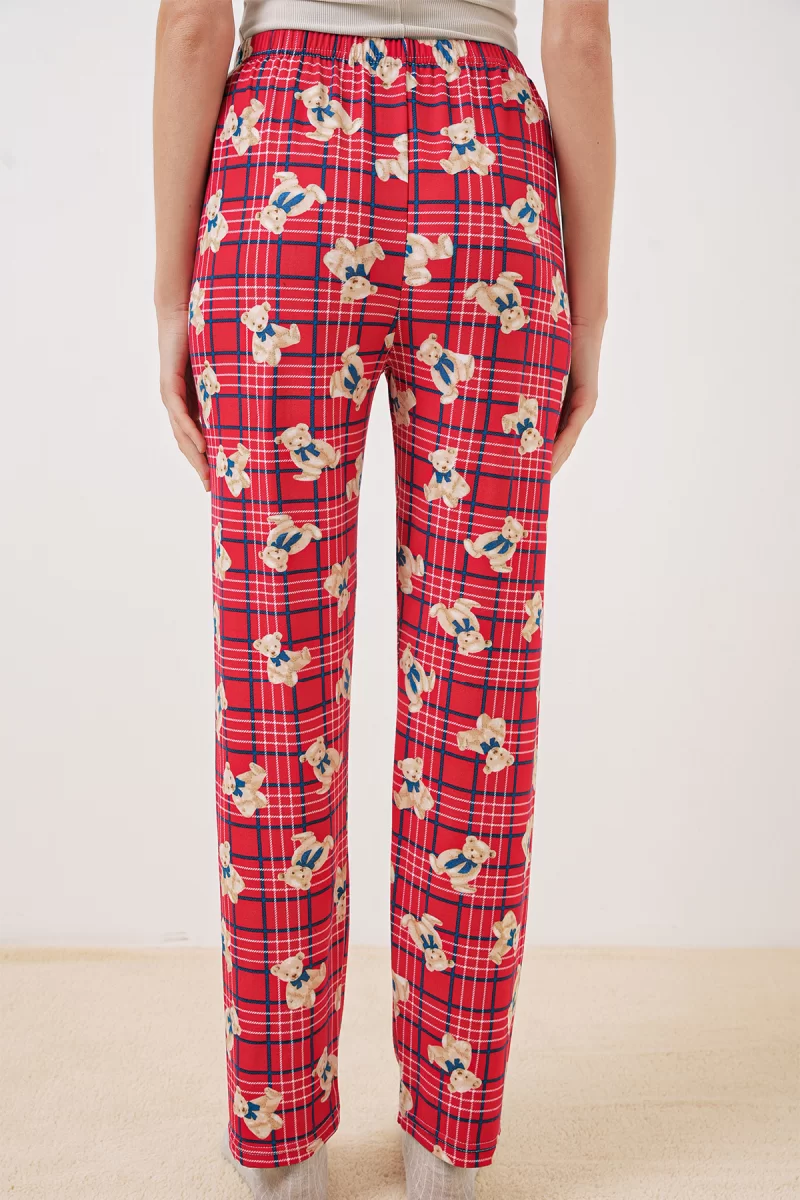 Kadın Beli Bağcıklı Çizgili Ayı Desenli Kırmızı Pijama Altı