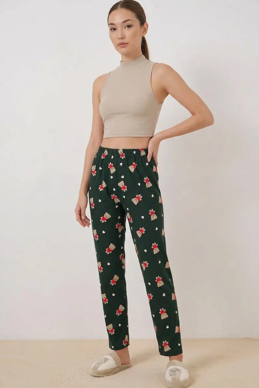 Kadın Desenli Zümrüt Yeşili Pijama Altı