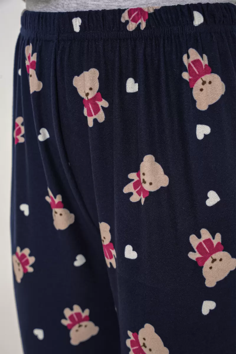 Kadın Lastikli Bel Ayı Desenli Lacivert Pijama Altı