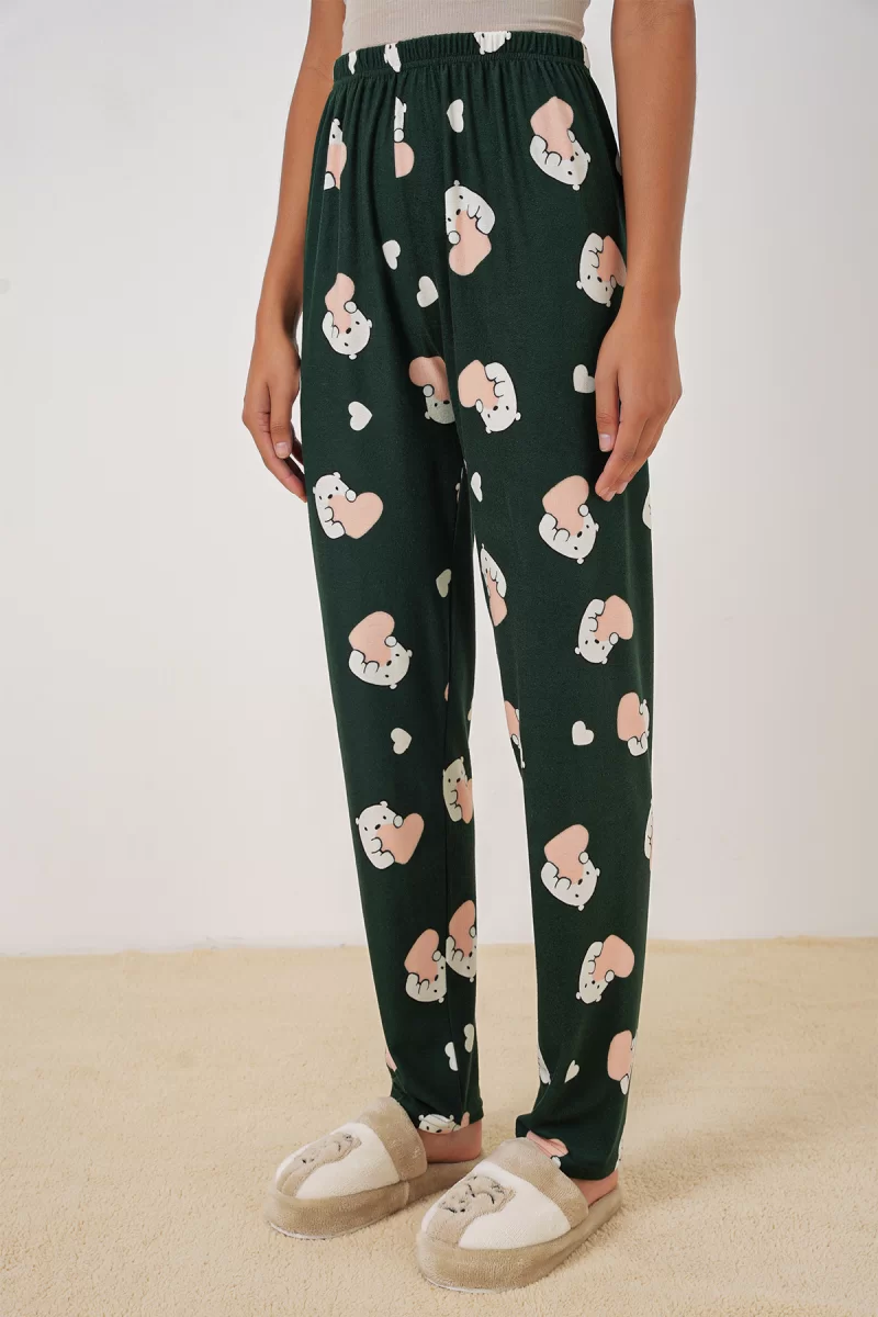 Kadın Bel Lastikli Desenli Zümrüt Pijama Altı