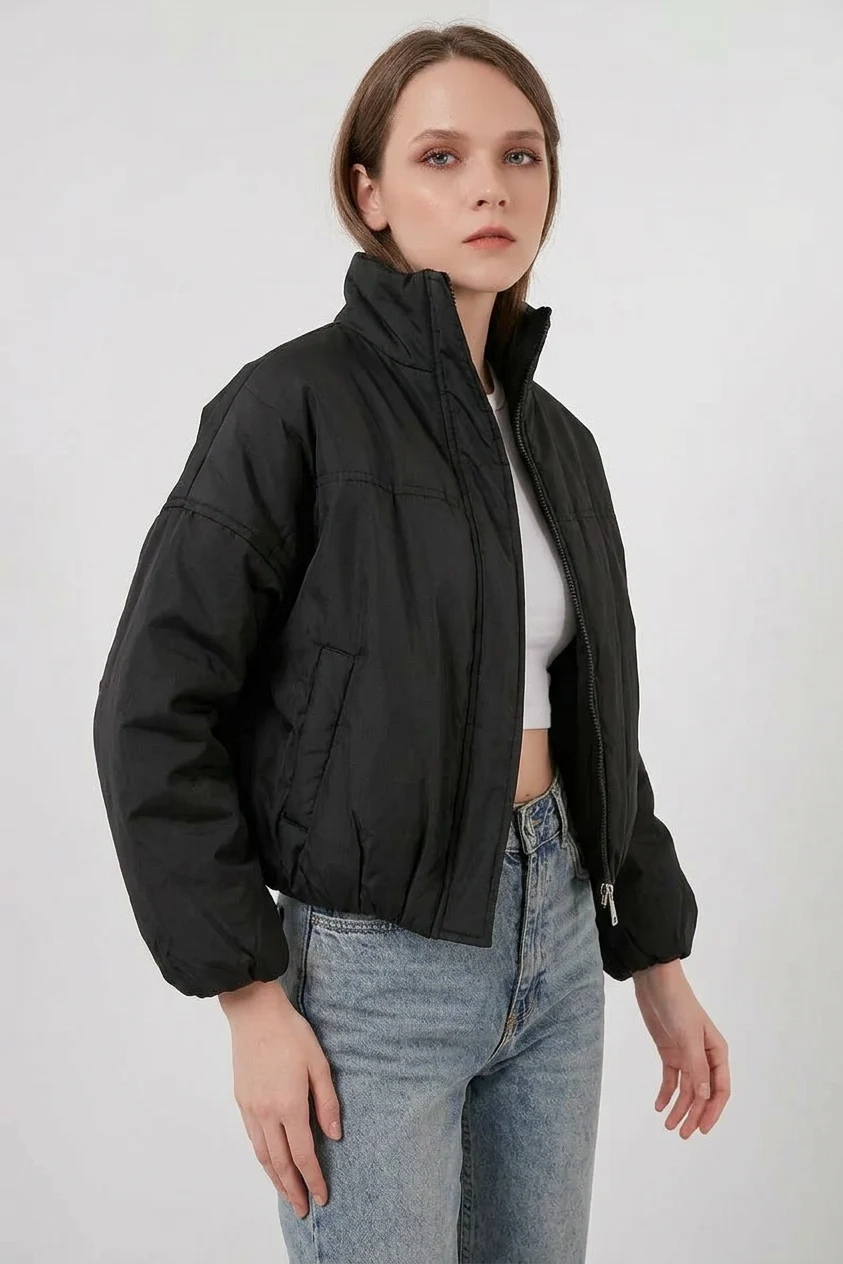  Kadın Dik Yaka Belden Büzgülü Oversize Bomber Siyah Mont 