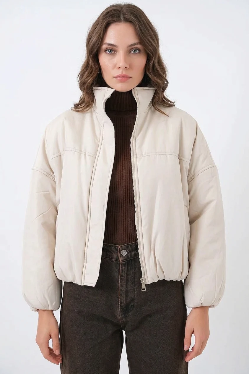  Kadın Yüksek Yaka Oversize Bomber Ekru Mont 