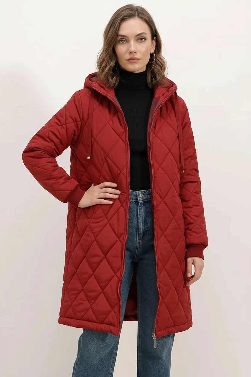  Kadın Kapüşonlu Kapitone Bordo Mont 