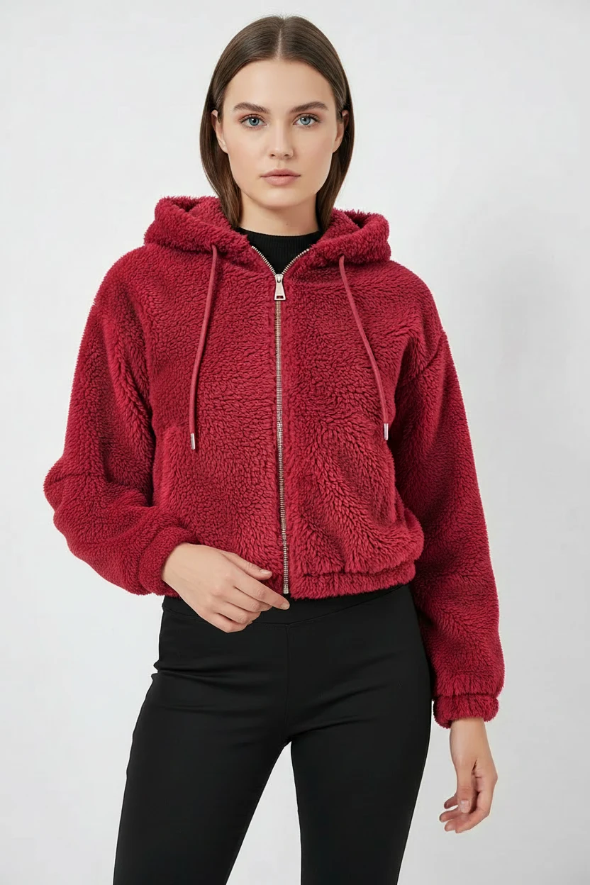  Kadın Kapüşonlu Crop Peluş Bordo Ceket 
