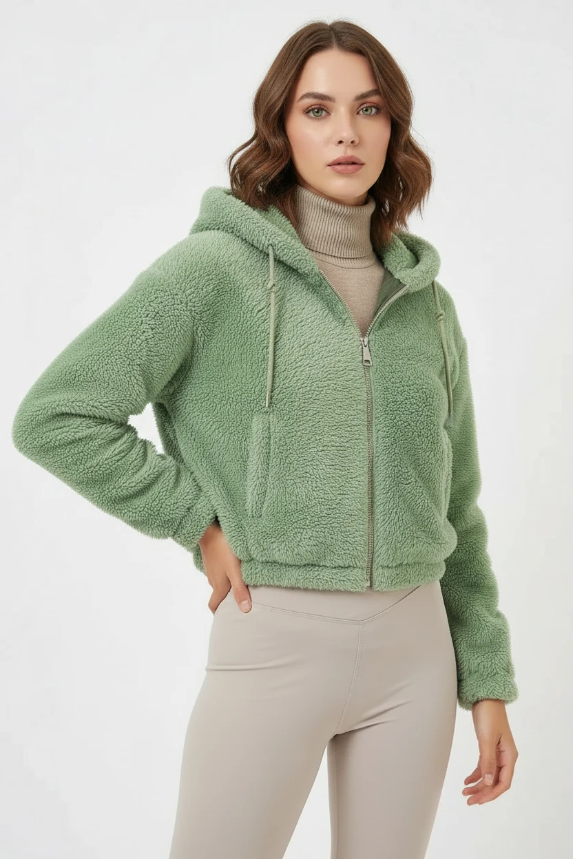 Kadın Kapüşonlu Crop Peluş Çağla Yeşili Ceket 