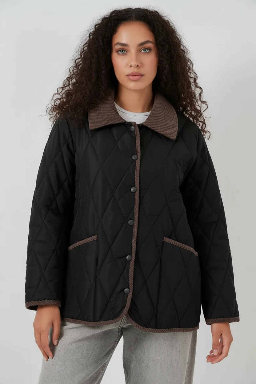  Kadın Klasik Yaka Oversize Kapitone Çift Renk Siyah Mont 