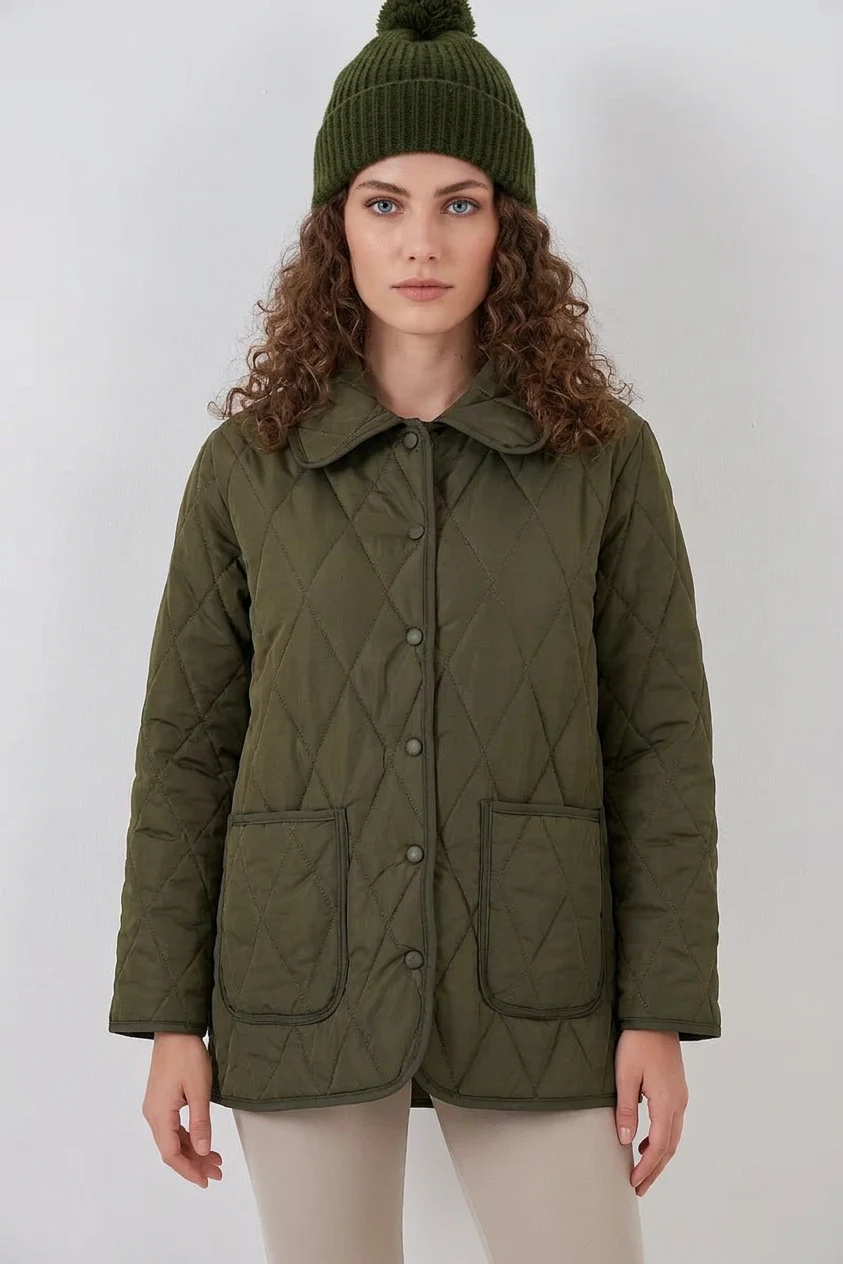  Kadın Klasik Yaka Kapitone Oversize Çift Renk Haki Mont 