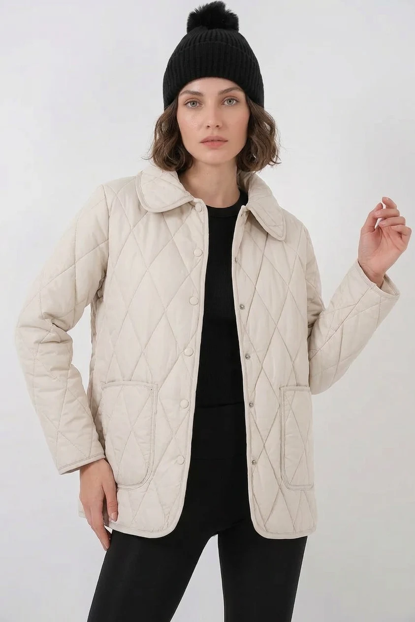  Kadın Gömlek Yaka Kapitone Çift Renk Oversize Ekru Mont 