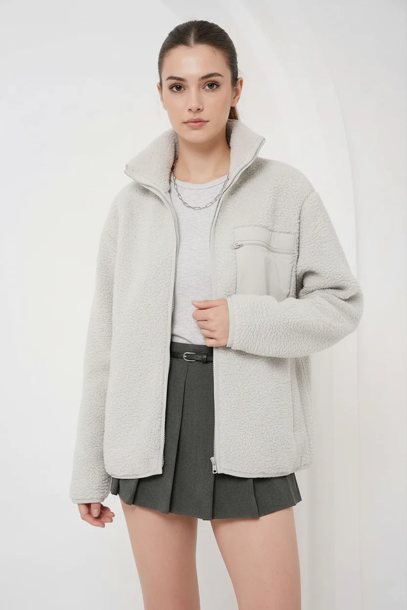  Kadın Yüksek Yaka Oversize Peluş Taş Ceket 