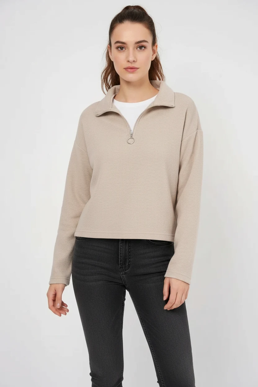  Kadın Fermuarlı Yaka Pamuklu Krem Sweatshirt 