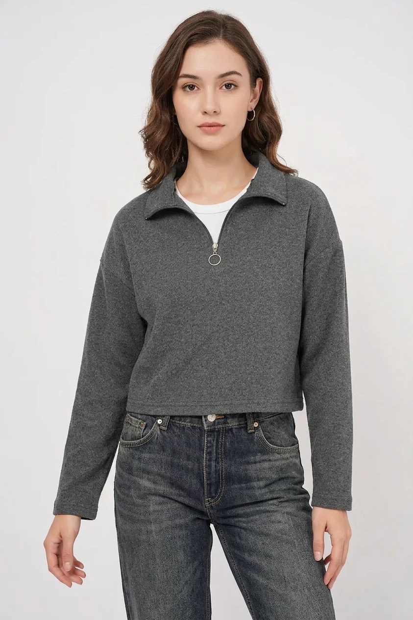  Kadın Yaka Fermuarli Pamuklu Antrasit Sweatshirt 