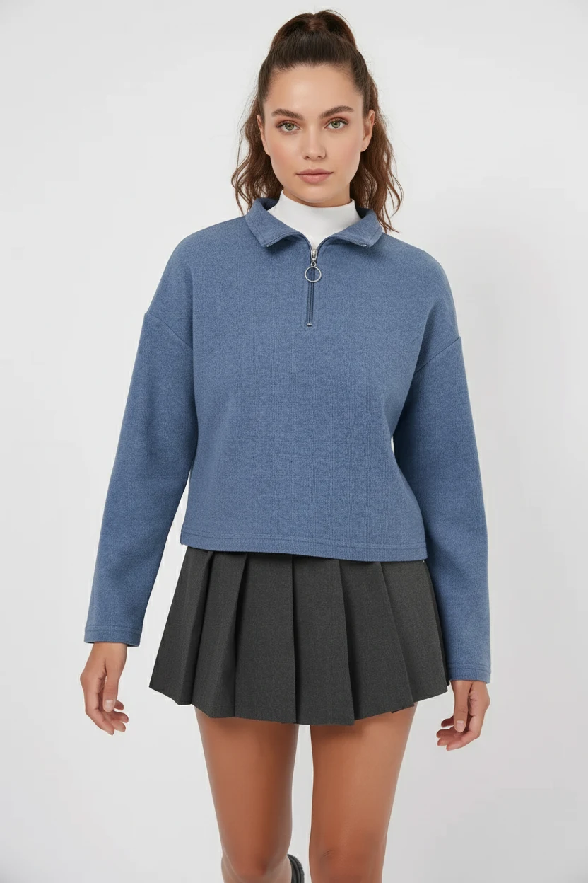  Kadın Fermuarli Yaka Pamuklu İndigo Sweatshirt 