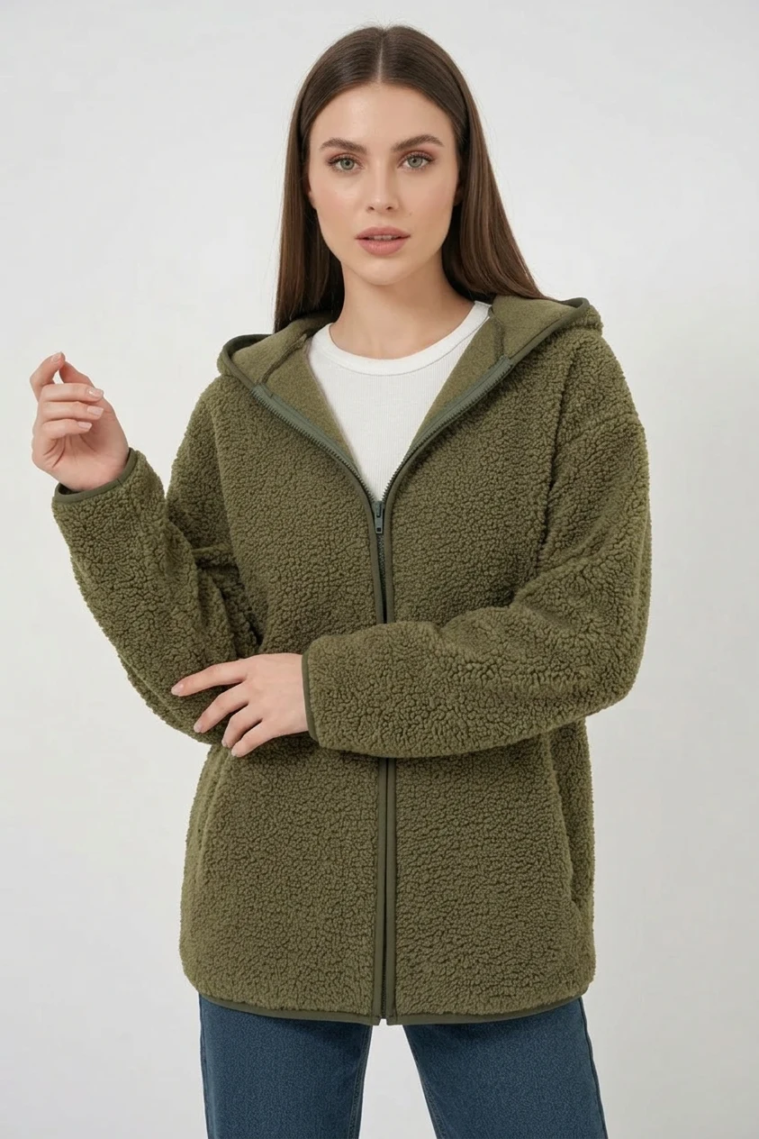  Kadın Kapüşonlu Oversize Haki Ceket 