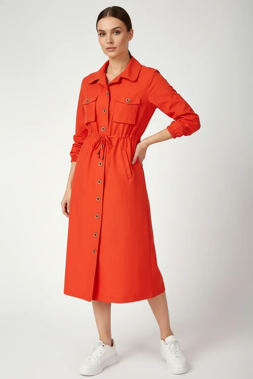  Kadın Gömlek Yaka Beli Büzgülü Önden Düğmeli Nar Tesettür Trenchcoat 
