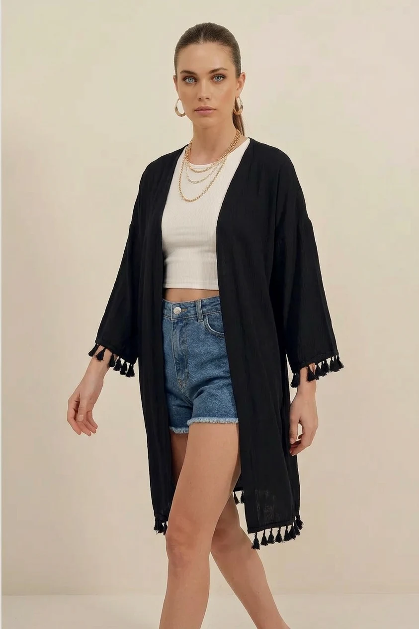  Kadın Fırfırlı Püsküllü Kol Detayı Etek Siyah Kimono 