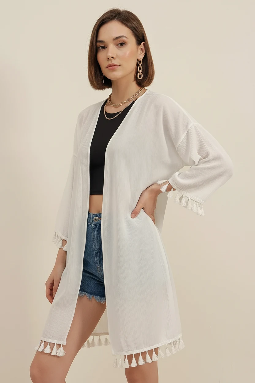  Kadın V Yaka Fırfırlı Püsküllü Kenar Beyaz Kimono 