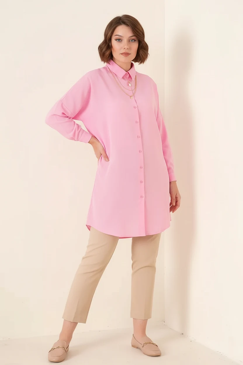  Kadın Gömlek Yaka Düğmeli Basic Pamuklu Pembe Tesettür Tunik 