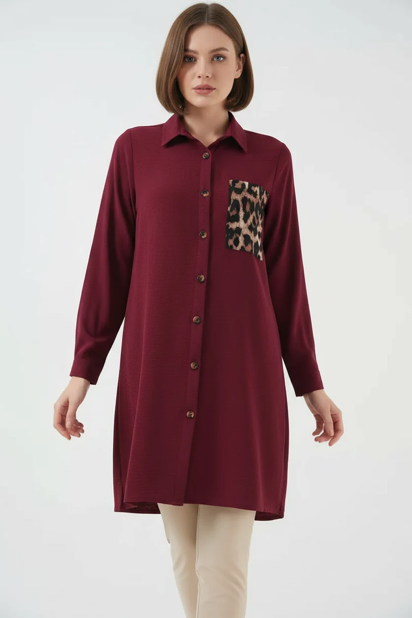  Kadın Gömlek Yaka Leopar Desenli Cep Bordo Tunik 