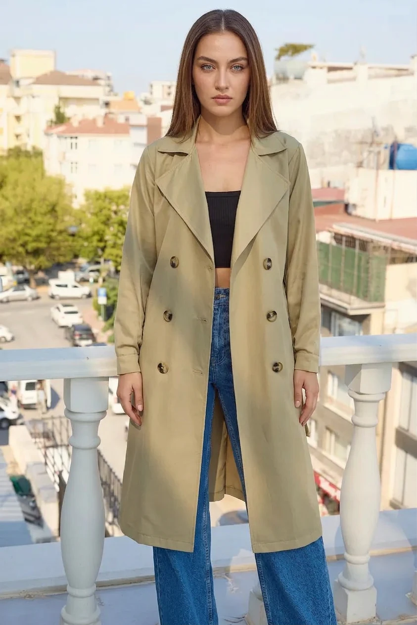  Kadın Kruvaze Yaka Kemerli A.Haki Trençkot 