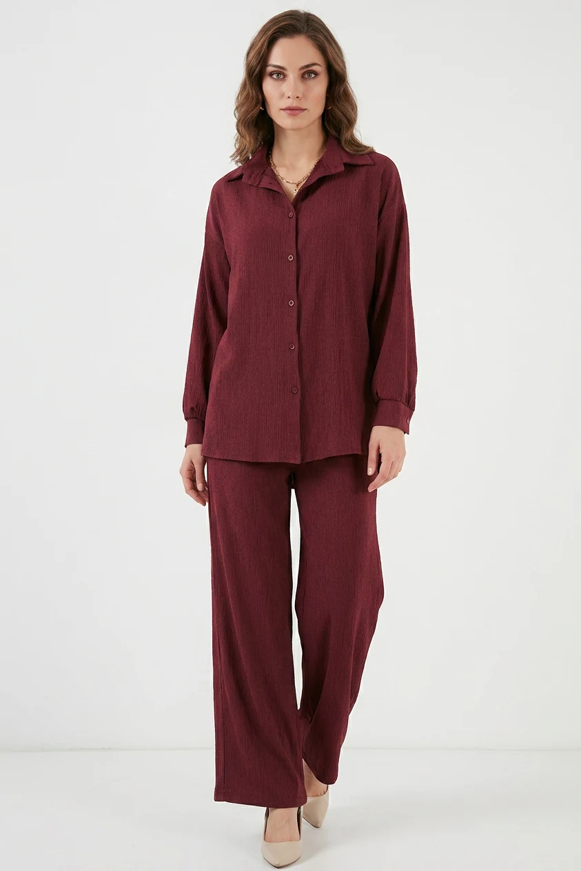  Kadın Gömlek Yaka Düğmeli Oversize Bordo İkili Takım 