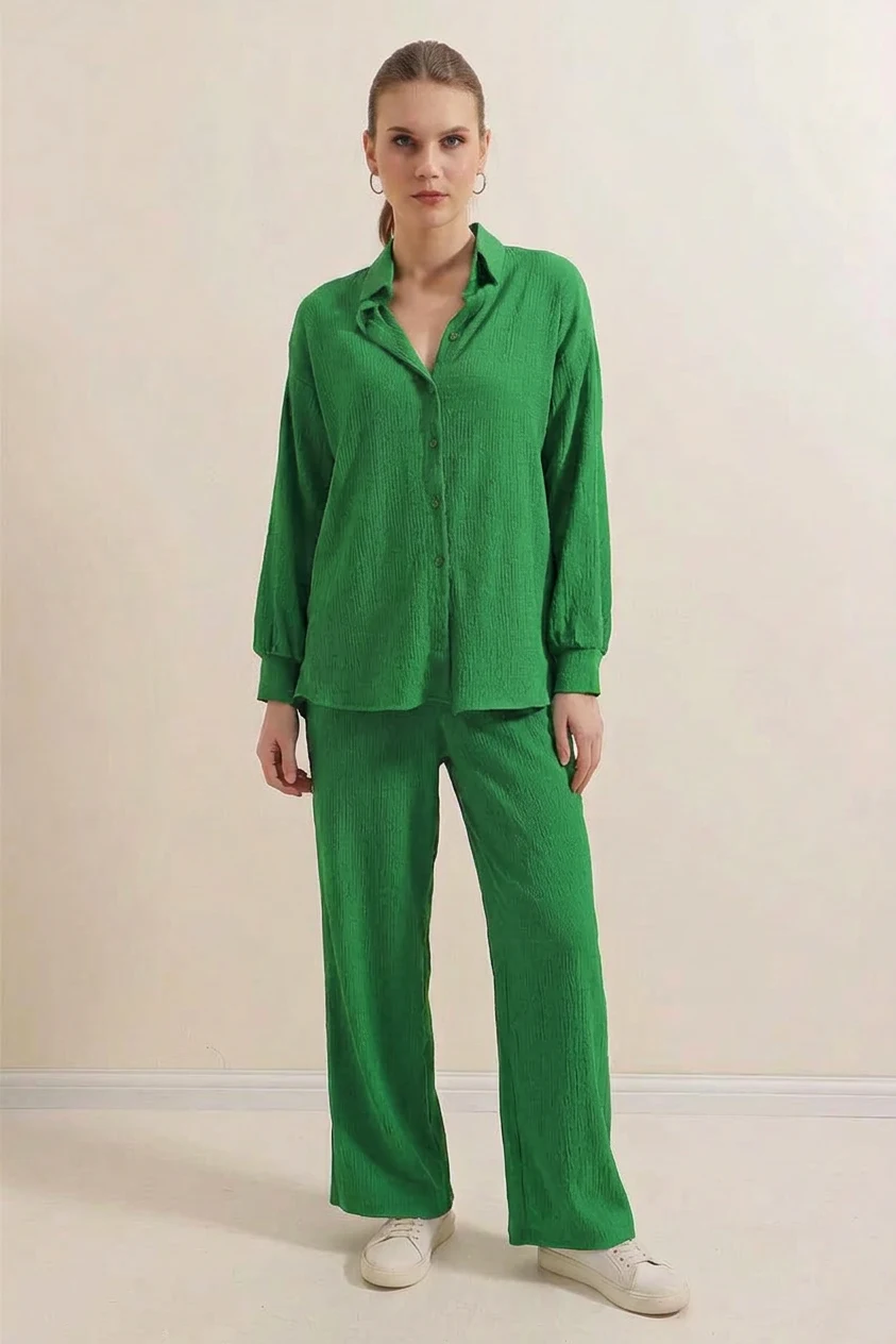  Kadın Gömlek Yaka Oversize Yeşil İkili Takım 