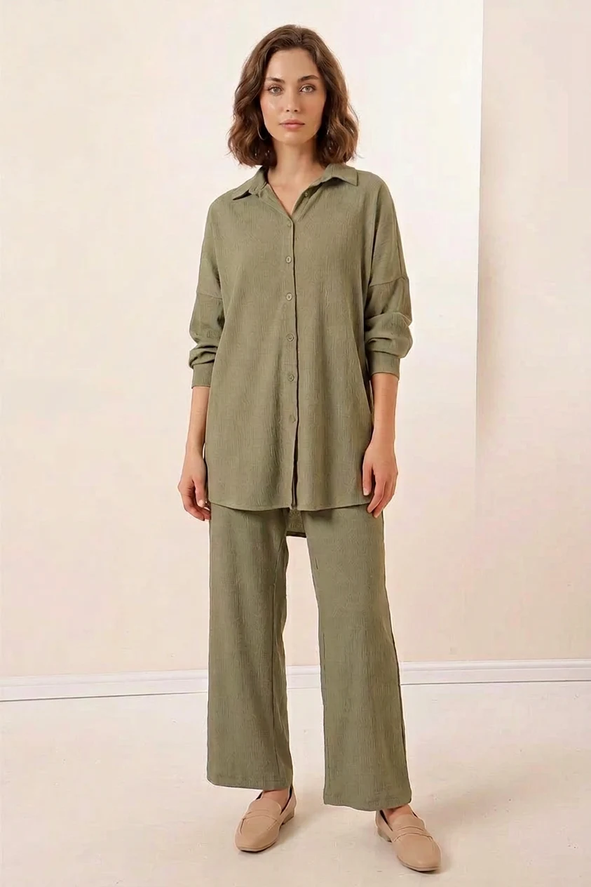  Kadın Gömlek Yaka Oversize Çağla Yeşili İkili Takım 