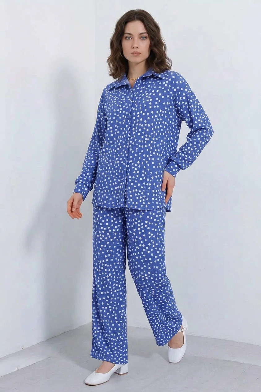  Kadın Gömlek Yaka Oversize Puantiyeli İndigo İkili Takım 