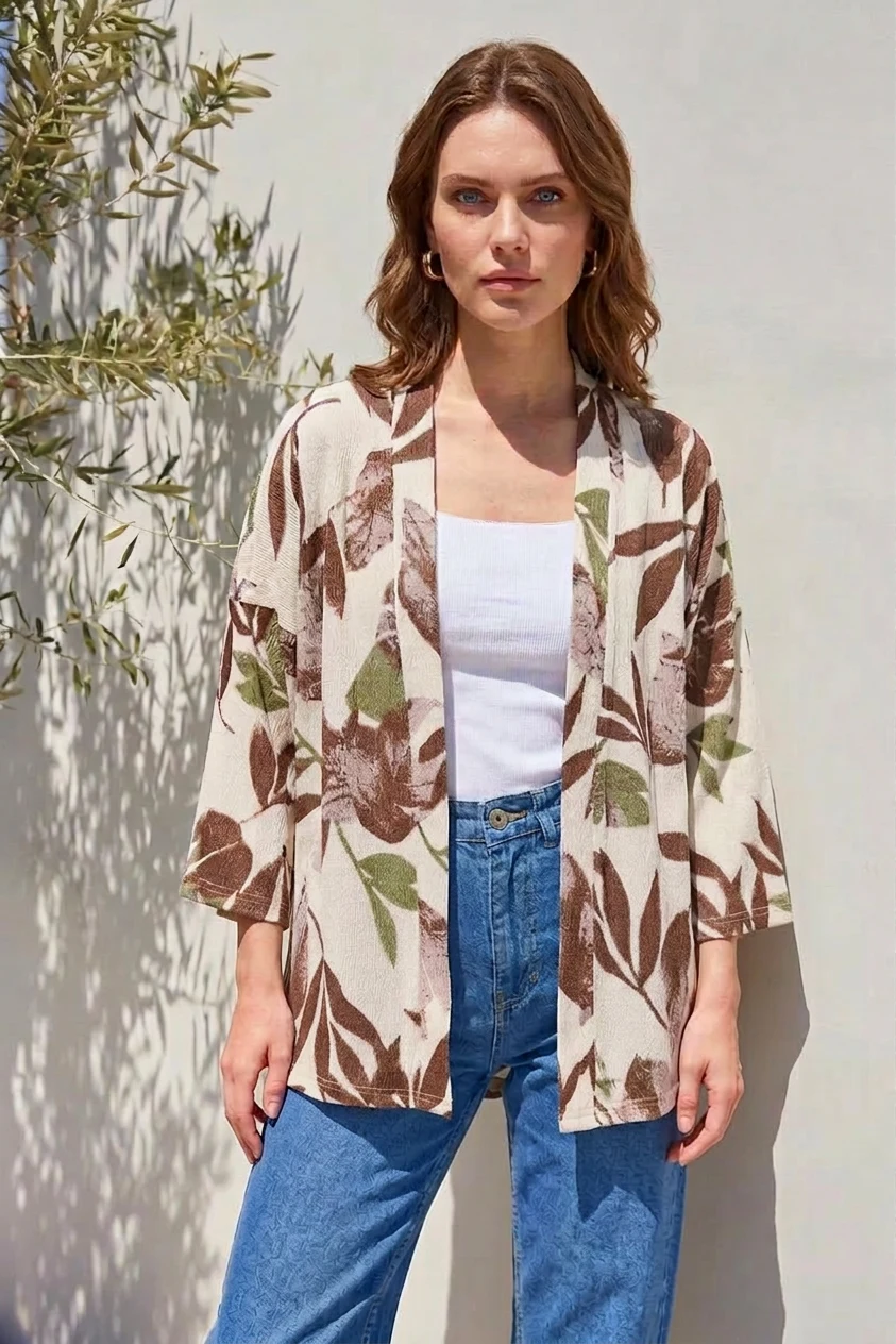  Kadın Yaka Çiçek Desenli Haki Kimono 