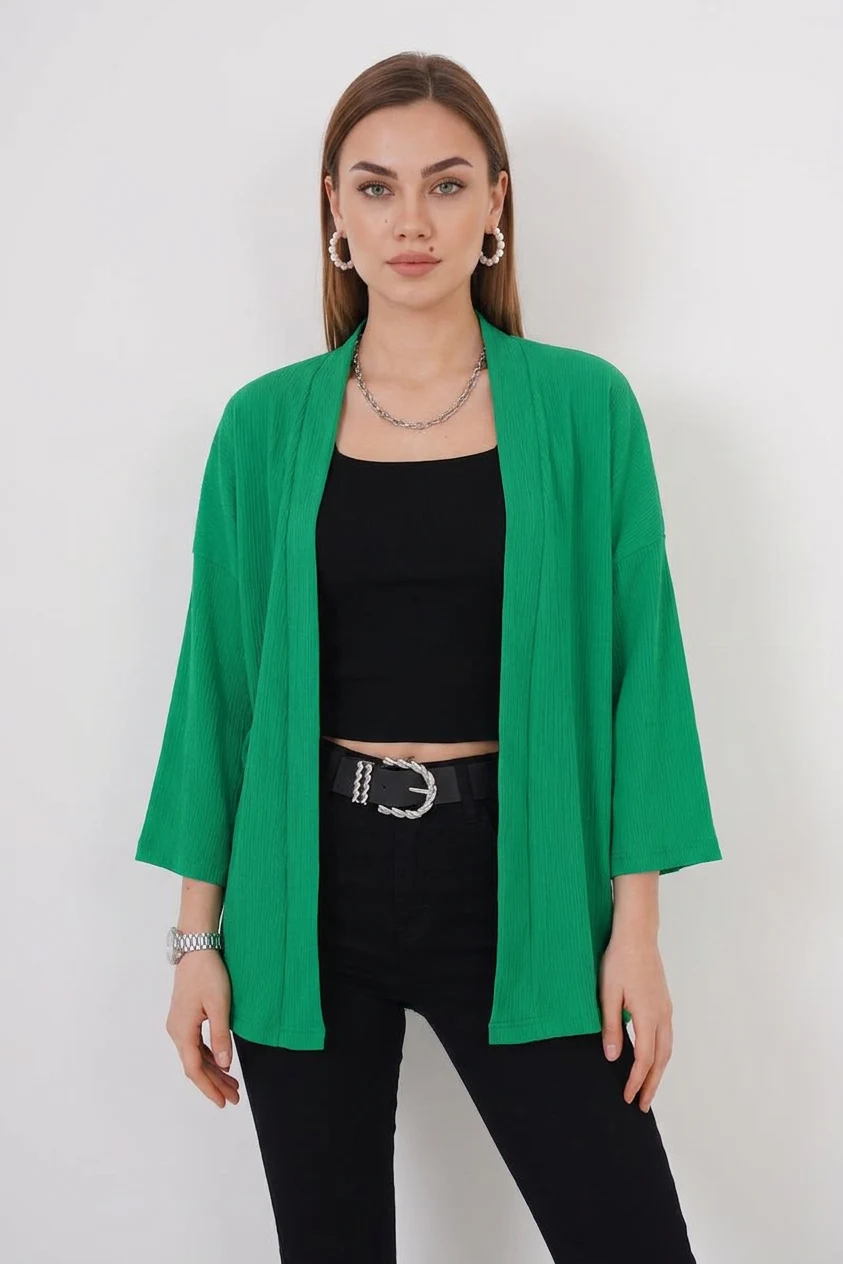  Kadın Yaka Dikey Fitilli Yeşil Kimono 