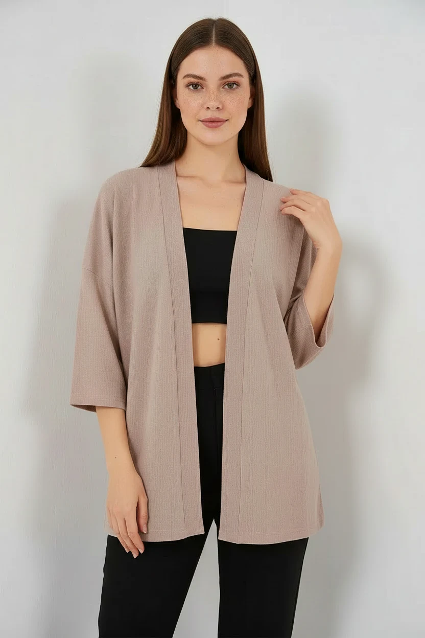  Kadın Gömlek Yaka Dökümlü Kol Bej Kimono 