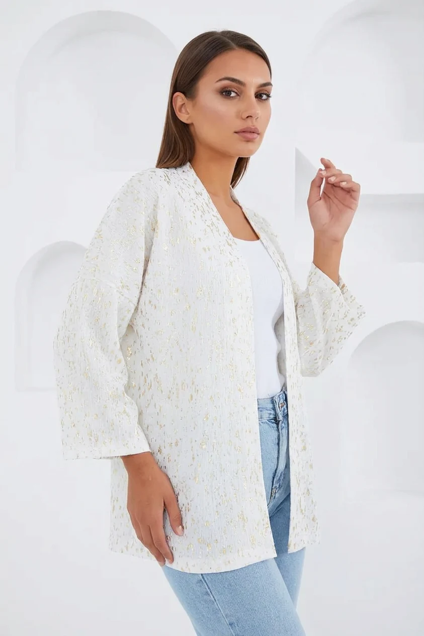  Kadın Varaklı Ekru Kimono 