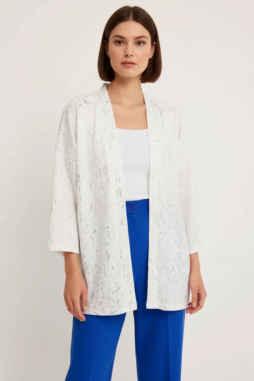  Kadın V Yaka Gümüş Varaklı Kimono 
