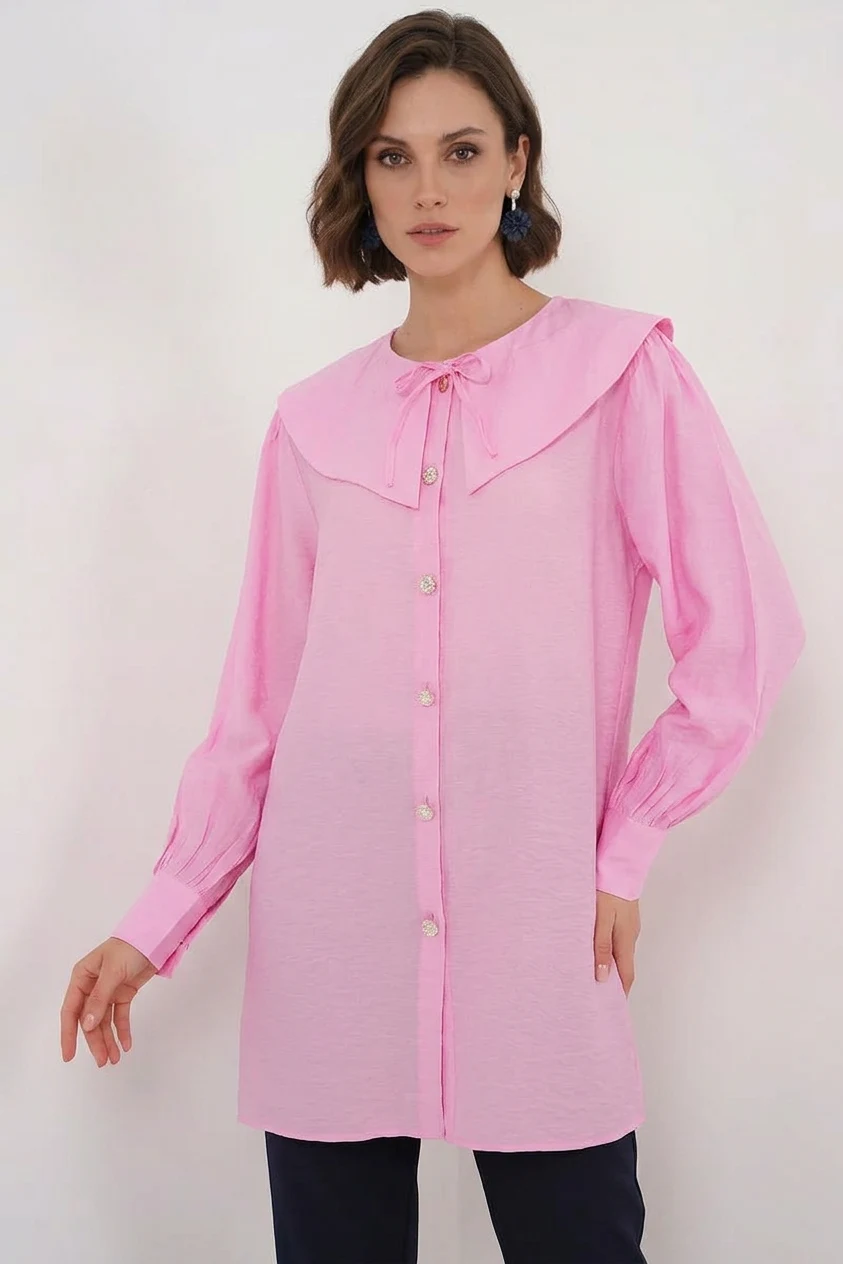  Kadın Geniş Yaka Bebe Fiyonk Detaylı Viskon Pembe Tunik 